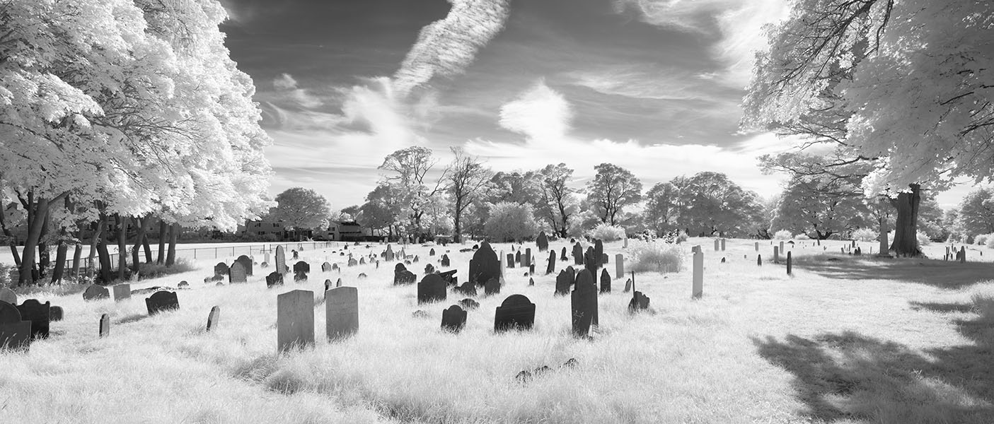 Infrared Panoramic Photo of New England Burial Ground, Backlit.